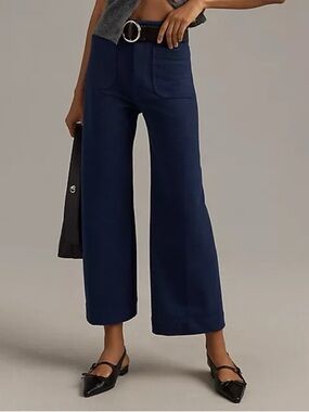 Anthropologie Maeve Colette Pants Navy Wide Leg Cropped Trouser 26P Linen Blend
